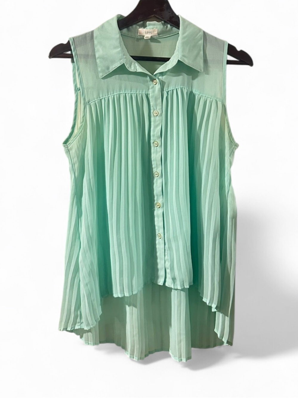 Sleeveless Pleated Mint Green Button-up Blouse Size Small